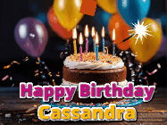 Happy Birthday Cassandra GIF: A birthday cake with flickering candles gif with text reading Happy Birthday and a Name slot to customize