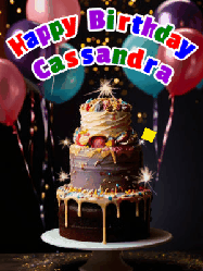 Happy Birthday Cassandra GIF: Beautiful birthday cake animated gif, a celebration of balloons, confetti, and sparklers. Customize banner and name.