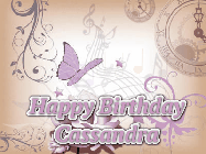 Happy Birthday Cassandra GIF: Classical birthday gif background with colorful musical notes floating past and a name you can customize, reads Happy Birthday.