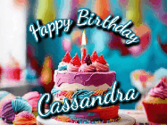 Happy Birthday Cassandra GIF: Animated Happy Birthday Gif reading Happy Birthday Customize. Depicts a colorful birthday with flickering candles and glitter.