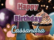 Happy Birthday Cassandra GIF: Cute Kitten Birthday Cupcake GIF with a cupcake raised by a cats head, then it pulls down text reading Happy Birthday Name
