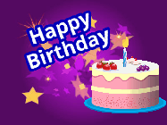 Happy Birthday Cassandra GIF: Purple background with golden stars, animated birthday gif with a cake and animated stars. Customize the name.