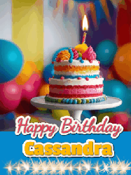 Happy Birthday Cassandra GIF: A birthday card gif with a cake and candle and a blue ribbon with animated sparklers. Reads Happy Birthday Name