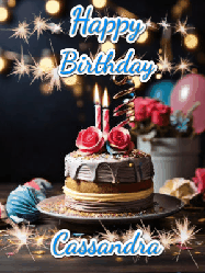 Happy Birthday Cassandra GIF: Sparkles and glitter happy birthday gif with a cake and flickering candles and sparklers behind the words happy birthday customize