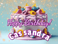 Happy Birthday Cassandra GIF: A beautiful birthday cake gif with animated sparkles and glitter Happy Birthday Name you can customize