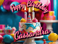 Happy Birthday Cassandra GIF: Animated birthday gif with a beautiful colorful birthday can and sparkles in the air. It reads Happy Birthday Customize.