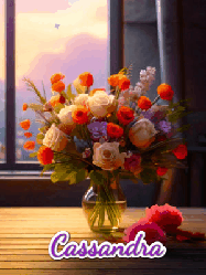 Happy Birthday Cassandra GIF: A vase of flowers and animated hearts pop in and out as the words Happy Birthday Name appears that you can customize