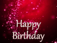 Happy Birthday Cassandra GIF: Red glitter birthday gif animated with text, sparkles, and a shooting star. Customize the name.