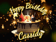 Happy Birthday Cassidy GIF: Bursting stars fall past a birthday cake in this animated birthday gif with name you can customize. Dark background.