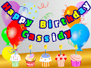 Happy Birthday Cassidy GIF: Animated happy birthday gif with a party balloon background, a row of cupcakes, and birthday banner to customize.