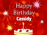 Happy Birthday Cassidy GIF: A bright red happy birthday gif animated with a cake candle, and glitter and sparkles. Customize with name.