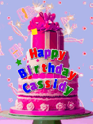 Happy Birthday Cassidy GIF: A big beautiful birthday cake gif with falling confetti, sparklers, and balloons, reads Happy Birthday Name. Customize it.