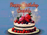 Happy Birthday Cassidy GIF: Animated GIF of a birthday cake covered in berries with 2 sparklers and a candle, reads Happy Birthday Name. Customize it.