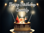Happy Birthday Cassidy GIF: Animated birthday cake gif with sparklers on a dark background. Personalize up to 3 lines of text.