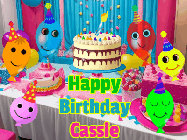 Happy Birthday Cassie GIF: A birthday animated gif with a party room in the background and cute balloons, cake, and name to customize.