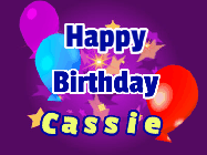 Happy Birthday Cassie GIF: A lovely purple birthday gif animated with moving text, a balloon, and bubbles. Customize it.