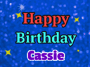 Happy Birthday Cassie GIF: An exciting blue glittered animated happy birthday gif with sparkles, glitter, and 3 lines of text with name to customize.