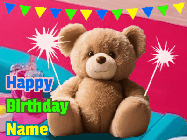 Happy Birthday Cassie GIF: A cute birthday teddy bear animated birthday gif with the bear holding sparklers and text to customize.