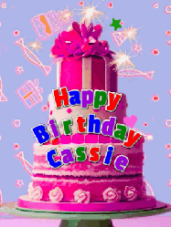 Happy Birthday Cassie GIF: A big beautiful birthday cake gif with falling confetti, sparklers, and balloons, reads Happy Birthday Name. Customize it.