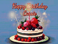 Happy Birthday Cassie GIF: Animated GIF of a birthday cake covered in berries with 2 sparklers and a candle, reads Happy Birthday Name. Customize it.