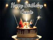 Happy Birthday Cassie GIF: Animated birthday cake gif with sparklers on a dark background. Personalize up to 3 lines of text.