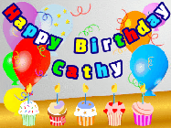 Happy Birthday Cathy GIF: Animated happy birthday gif with a party balloon background, a row of cupcakes, and birthday banner to customize.