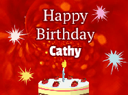 Happy Birthday Cathy GIF: A bright red happy birthday gif animated with a cake candle, and glitter and sparkles. Customize with name.