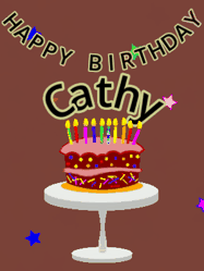 Happy Birthday Cathy GIF: Animated birthday gif of a chocolate cartoon cake and stars. Animated text can be customized with name.