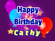 Happy Birthday Cathy GIF: A lovely purple birthday gif animated with moving text, a balloon, and bubbles. Customize it.