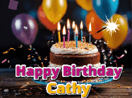 Happy Birthday Cathy GIF: A birthday cake with flickering candles gif with text reading Happy Birthday and a Name slot to customize
