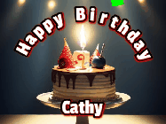 Happy Birthday Cathy GIF: Animated happy birthday gif with a cake and flickering candles with colorful falling confetti and text reading Happy Birthday