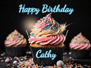 Happy Birthday Cathy GIF: A delicious cupcake gif with animated sparkles reading Happy Birthday with a name to customize