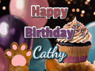 Happy Birthday Cathy GIF: Cute Kitten Birthday Cupcake GIF with a cupcake raised by a cats head, then it pulls down text reading Happy Birthday Name