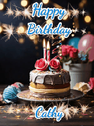 Happy Birthday Cathy GIF: Sparkles and glitter happy birthday gif with a cake and flickering candles and sparklers behind the words happy birthday customize