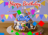 Happy Birthday Cathy GIF: Happy Birthday Cake GIF with a cat, lamb, and squirrel on the cake with flickering candles, a sparkler, and falling confetti. Reads Happy Birthday Name and you can customize the name