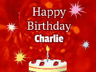 Happy Birthday Charlie GIF: A bright red happy birthday gif animated with a cake candle, and glitter and sparkles. Customize with name.