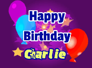 Happy Birthday Charlie GIF: A lovely purple birthday gif animated with moving text, a balloon, and bubbles. Customize it.