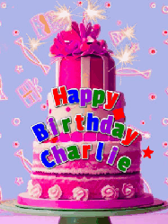 Happy Birthday Charlie GIF: A big beautiful birthday cake gif with falling confetti, sparklers, and balloons, reads Happy Birthday Name. Customize it.