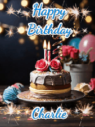 Happy Birthday Charlie GIF: Sparkles and glitter happy birthday gif with a cake and flickering candles and sparklers behind the words happy birthday customize