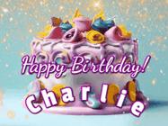 Happy Birthday Charlie GIF: A beautiful birthday cake gif with animated sparkles and glitter Happy Birthday Name you can customize