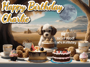 Happy Birthday Charlie GIF: Animated birthday gif with a dog at a fancy birthday table loaded with cakes as hearts appear. It reads Happy Birthday Customize.