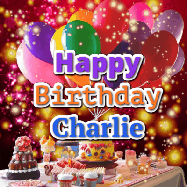 Happy Birthday Charlie GIF: Animated happy birthday gif on a bright red glittery background and 3 lines of text reading Happy Birthday Customize