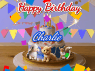 Happy Birthday Charlie GIF: Happy Birthday Cake GIF with a cat, lamb, and squirrel on the cake with flickering candles, a sparkler, and falling confetti. Reads Happy Birthday Name and you can customize the name