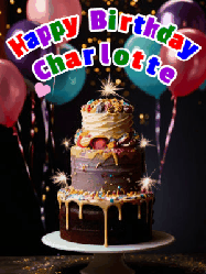 Happy Birthday Charlotte GIF: Beautiful birthday cake animated gif, a celebration of balloons, confetti, and sparklers. Customize banner and name.