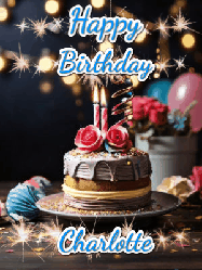 Happy Birthday Charlotte GIF: Sparkles and glitter happy birthday gif with a cake and flickering candles and sparklers behind the words happy birthday customize