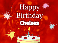 Happy Birthday Chelsea GIF: A bright red happy birthday gif animated with a cake candle, and glitter and sparkles. Customize with name.