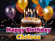 Happy Birthday Chelsea GIF: A birthday cake with flickering candles gif with text reading Happy Birthday and a Name slot to customize
