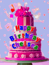 Happy Birthday Chelsea GIF: A big beautiful birthday cake gif with falling confetti, sparklers, and balloons, reads Happy Birthday Name. Customize it.