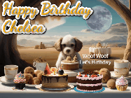Happy Birthday Chelsea GIF: Animated birthday gif with a dog at a fancy birthday table loaded with cakes as hearts appear. It reads Happy Birthday Customize.