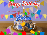 Happy Birthday Chelsea GIF: Happy Birthday Cake GIF with a cat, lamb, and squirrel on the cake with flickering candles, a sparkler, and falling confetti. Reads Happy Birthday Name and you can customize the name